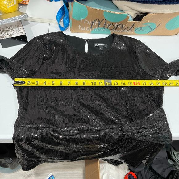 INC Black Sequin 3/4 Sleeve Faux Wrap Top Womens Large New Years Eve Date - Picture 6 of 7